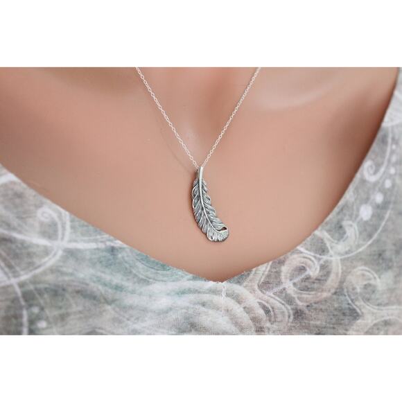 Sterling Silver Textured Feather Charm Necklace,Sterling Silver Feather Necklace - Picture 2 of 4